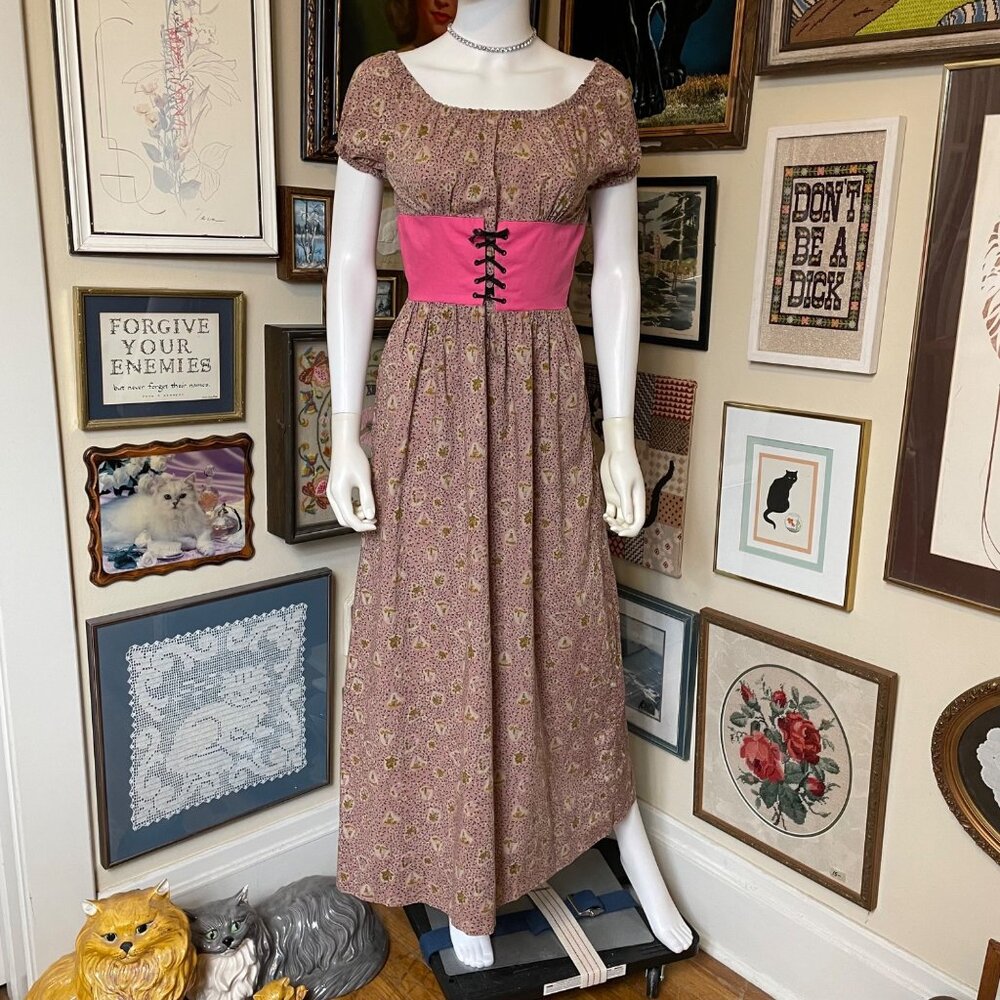 60s Vintage Pink and Black Floral Cotton Corset Waist Scoop Neck Peasant Dress